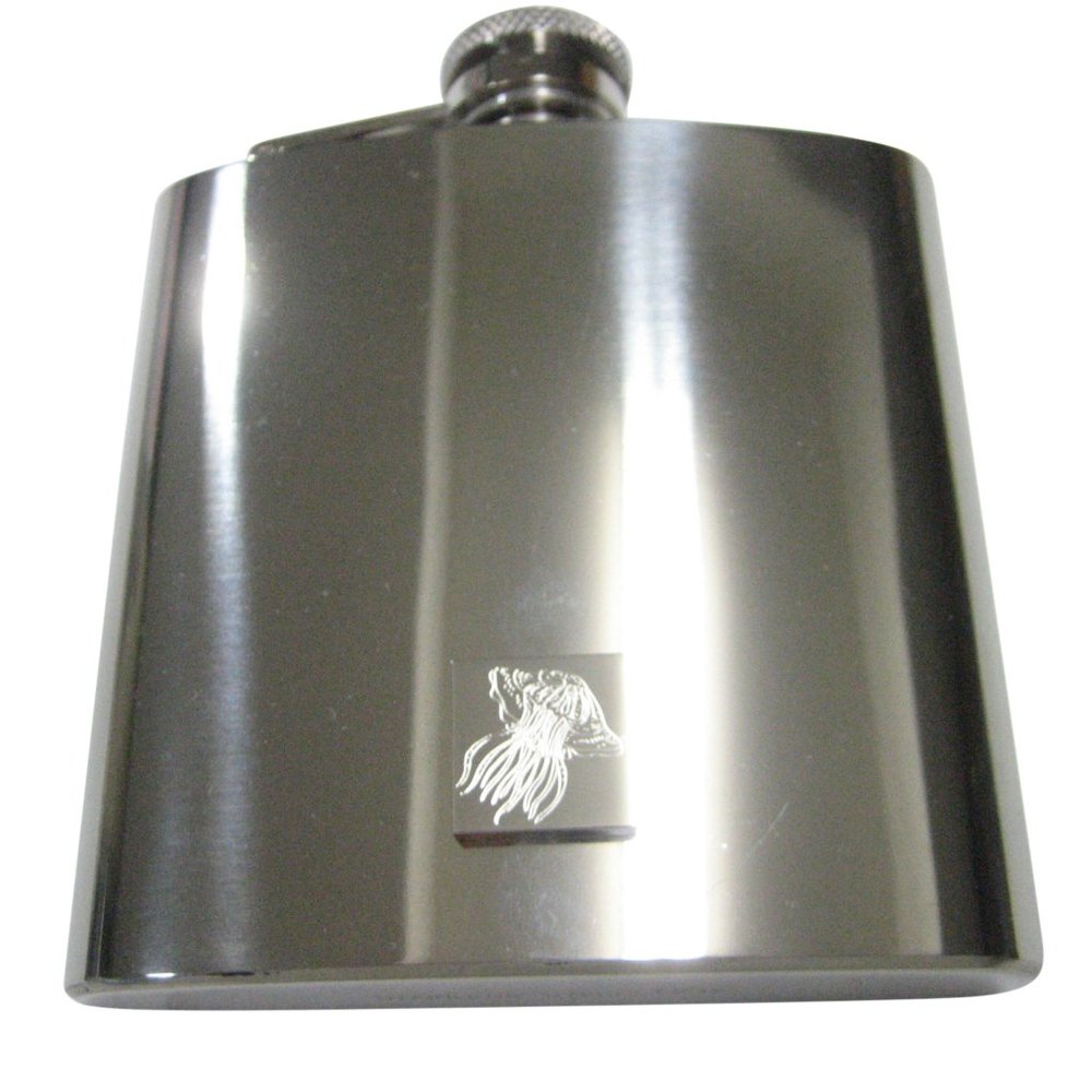 Silver Toned Square Etched Jellyfish 6oz Flask